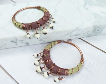 8 Gauge Silk Wrapped Copper Hoops with Bone Charms -Handmade Extra-Large Hoops -Handmade by Gypsy Intent