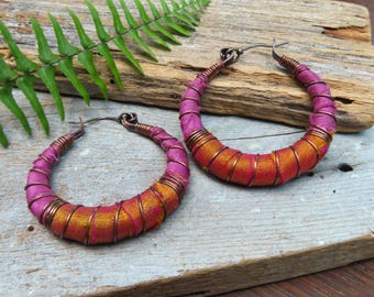 Sari Silk Wrapped Hoop Earrings with Sterling Silver Ear Wires, Large size