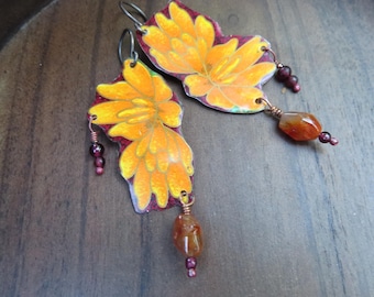 Handmade Fall Flower Tin Earrings: Garnet & Agate, Sterling Silver