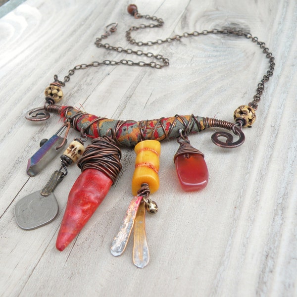 Silk Road Talisman Necklace, Adjustable Eclectic Assemblage Charm Necklace, Silk Wrapped