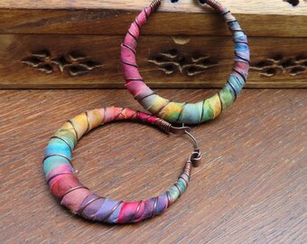 Tie Dye Hoop Earrings, Extra-Large Textile Wrapped Artisan Hoops with Sterling Silver Ear Wires