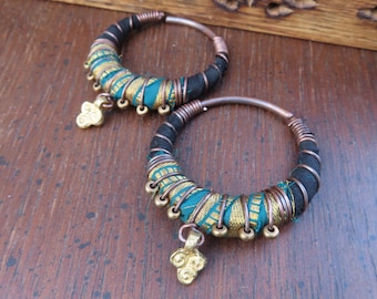 Handmade Silk Wrapped Copper Hoop Earrings, Black and Teal, 10 Gauge Eyelet Threaders