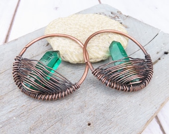 10 Gauge Copper Ear Weights: Dark Green Crystal Tunnel Hoops