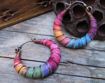 Tie Dye Hoop Earrings, Small Textile Wrapped Artisan Hoops with Sterling Silver Ear Wires