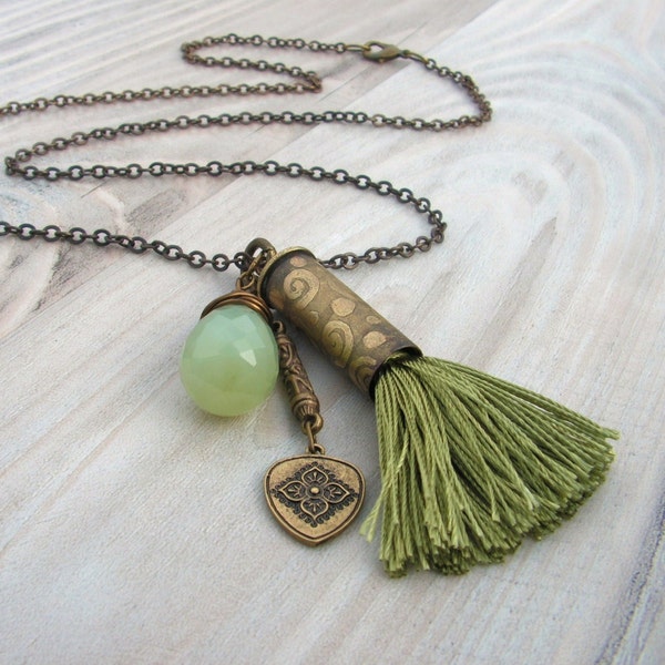 Tassel Charm Cluster Necklace with Etched Brass Bullet - Spring Green