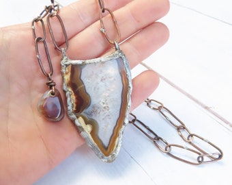 Agate Pendant on Handmade Copper Chain Necklace, Asymmetrical