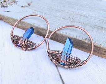 Handmade 10 Gauge Copper Hoop Ear Weights with Aura Quartz