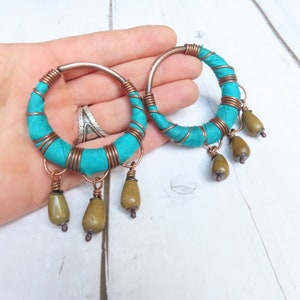 8 Gauge Teal and Olive Silk Wrapped Hoop Plugs, Handmade Large Gauge Jewelry