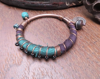 Small Silk Wrapped Copper Bangle with Coin Charm in Teal and Black