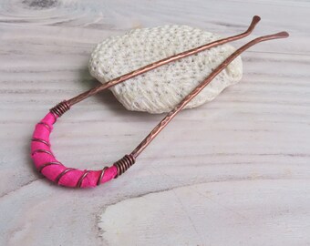 Copper and Silk Hairpin in Neon Pink, Upcycled Copper -by Gypsy Intent