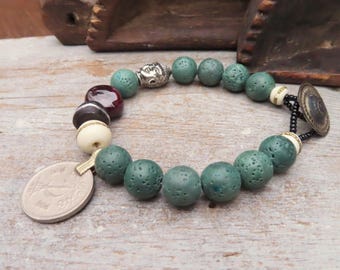 Green Buddha Bracelet with Garnet and Coin Charm