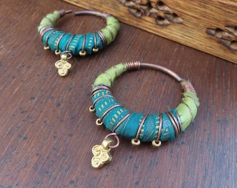 10 Gauge Hoops, Silk Wrapped Copper Hoop Hangers, Teal and Bright Lime Green, Eyelet Threaders