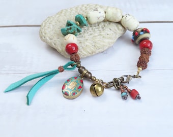 Tribal Style Eclectic Beaded Bracelet with Tassel and Tibetan Bell -By Gypsy Intent