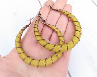 Large Mustard Sari Silk Hoop Earrings: Upcycled Copper, Sterling Silver