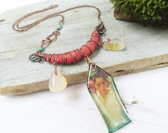 Silk Road Necklace, Melon Silk Wrapped Art Shrine Necklace -Handmade by Gypsy Intent