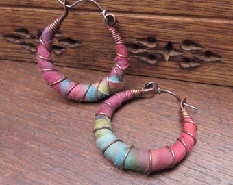 Tie Dye Hoop Earrings, Small Textile Wrapped Artisan Hoops with Sterling Silver Ear Wires