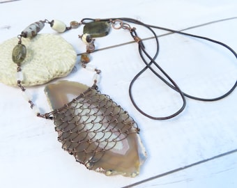 Long Agate Slice Necklace with Woven Copper -Handmade by Gypsy Intent