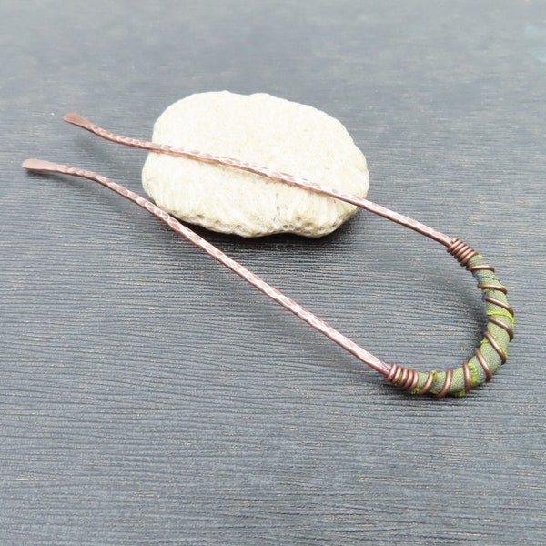 Copper and Silk Hairpin in Earthy Green, Upcycled Copper -by Gypsy Intent