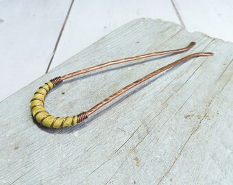 Copper and Silk Hairpin in Yellow, Upcycled Copper -by Gypsy Intent