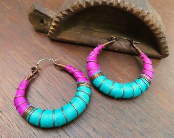 Sari Silk Wrapped Hoop Earrings with Sterling Silver Ear Wires, Large size