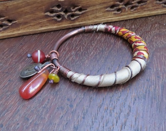 Handmade Copper Bangle: Silk Wrapped Boho Charm Bracelet - maroon and gold