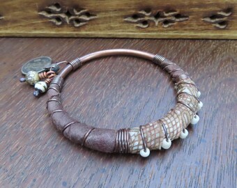 Silk Wrapped Copper Bangle with Coin Charm in Brown and Bone