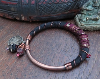 Handmade Copper Bangle: Silk Wrapped Boho Charm Bracelet, Black and Maroon