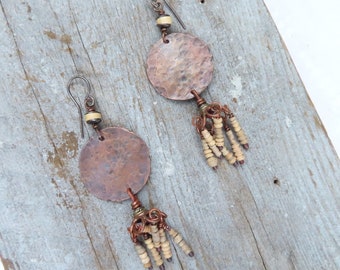 Full Moon Copper Earrings, Handmade with repurposed copper and Mali clay beads
