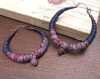 Silk Road Boho Hoop Earrings: Raw Garnets, Upcycled Copper & Silk, Blue and Purple