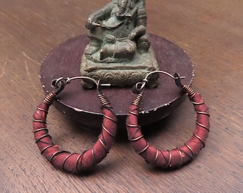 Burnt Orange Silk Road Hoop Earrings: Hammered Copper and Sterling Silver