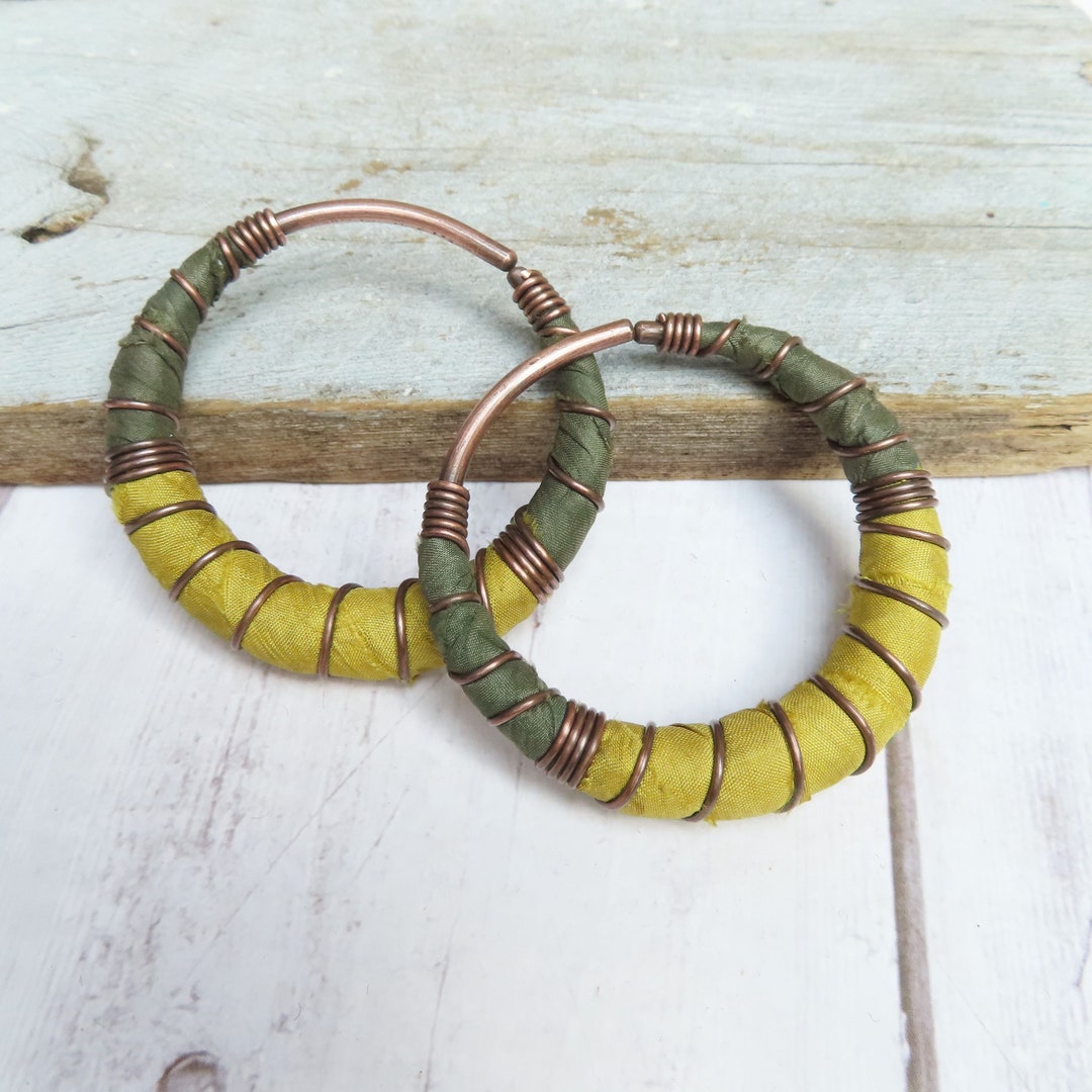 8 Gauge Silk Hoops, Extra Large, Army Green and Earthy Yellow, Silk and