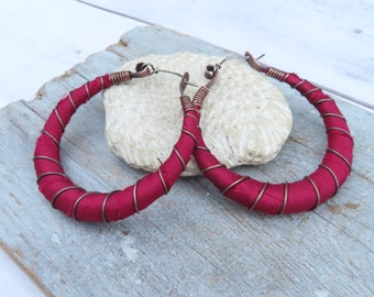 Silk Road Hoop Earrings, Extra-Large Hammered Copper Silk Wrapped Hoops in Rose Red- by Gypsy Intent