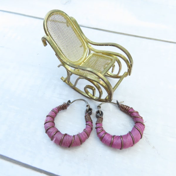 Silk Road Hoop Earrings, Small Hammered Copper and Silk Hoops with Sterling Silver Ear Wires in Orchid Purple -By Gypsy Intent