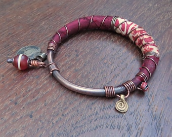 Handmade Copper Bangle: Silk Wrapped Boho Charm Bracelet, Maroon