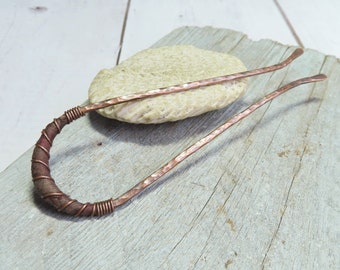 Copper Hair Pin with Sari Silk Wrapped Accent in Brown -Hammered Recycled Copper