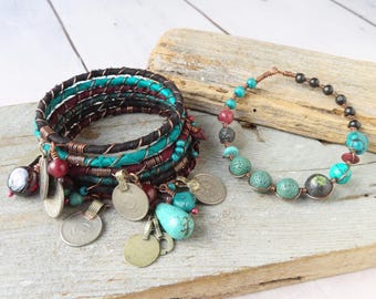 Handmade Silk Road Bangle Stack: Upcycled Copper Charm Bracelets