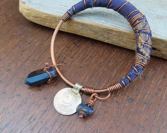 Silk Road Bangle - Navy Sari Silk Wrapped Copper Bracelet with Charms
