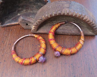 Golden Silk Wrapped 10 Gauge Hoops with Raw Rubies, Hanger Plug Earrings