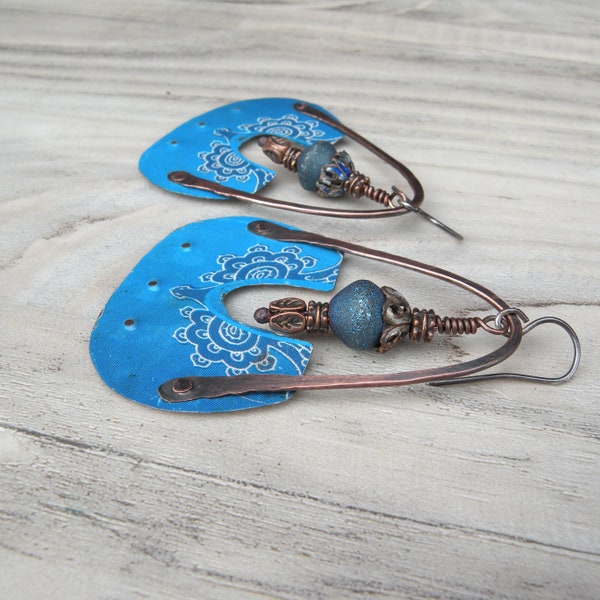 Boho Tea Tin Earrings, Rustic Tribal Blade Hoops -By Gypsy Intent