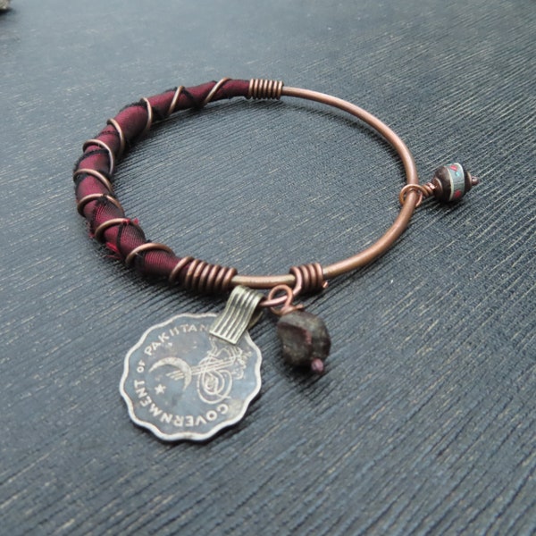 Silk Wrapped Copper Bangle in Maroon with Raw Garnet, Prayer Bead, and Moon Coin -Handmade By Gypsy Intent