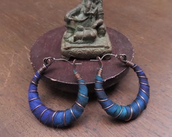 Royal Blue Silk Road Hoop Earrings: Hammered Copper and Sterling Silver