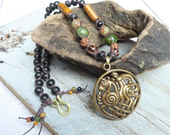 Macrame Stone and Wood Necklace with Bronze Celtic Knot Horse Pendant, Unisex, Black, Green, Gold, and Rust