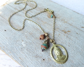 Buddha Charm Cluster Necklace, vintage brass Buddha charm with Tibetan agate and Rudraksha prayer bead on brass chain