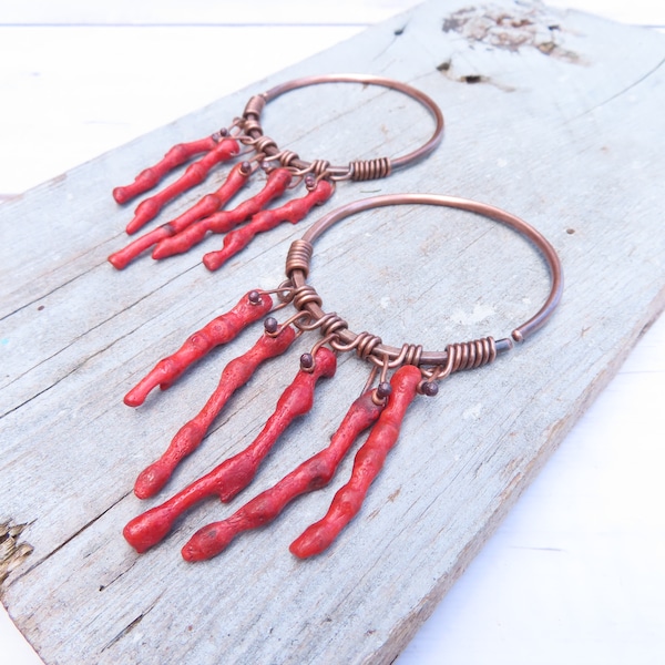 10-gauge Copper Hoop Earrings with Fringe of Coral, Hoop Plugs, Tunnel Threaders - Handmade by Gypsy Intent
