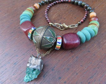 Dark Earthy Beaded Necklace with Soft Soldered Druzy Pendant