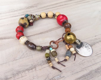 Tribal Boho Bracelet in Bone and Red, Kuchi Gypsy Bracelet, Handmade, Adjustable -By Gypsy Intent