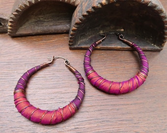 Sari Silk Wrapped Hoop Earrings -Extra Large with Sterling Silver Ear Wires