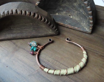 Silk Wrapped Copper Cuff, Handmade, Upcycled, Ecofriendly, Adjustable Bracelet with Charms
