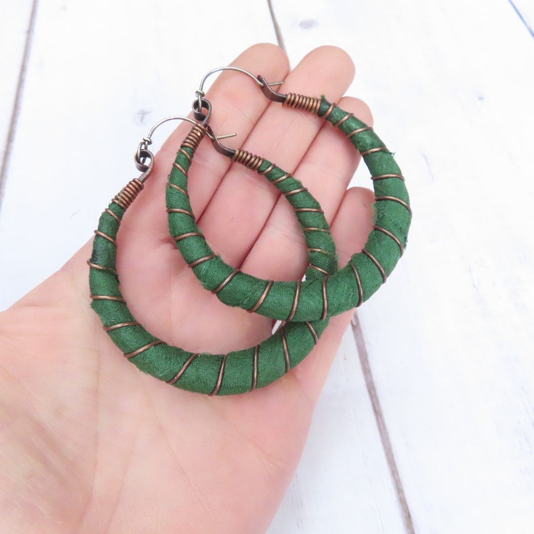 Large Forest Green Hoop Earrings With Sterling Silver Ear Wires, Made