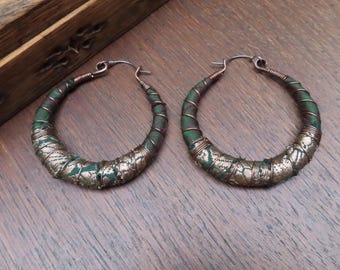 Sari Silk Wrapped Hoop Earrings, Extra-Large with Sterling Silver Ear Wires, Dark Forest Green